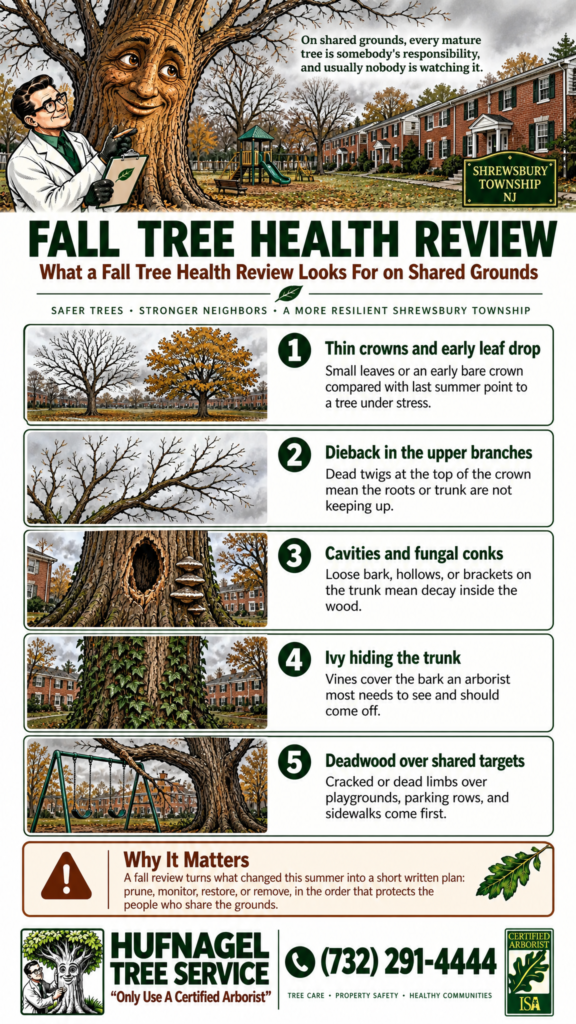 Tree health management in Shrewsbury Township: five fall review signs infographic