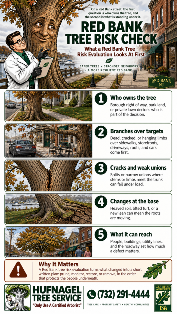 Tree risk evaluation in Red Bank: five first checks infographic