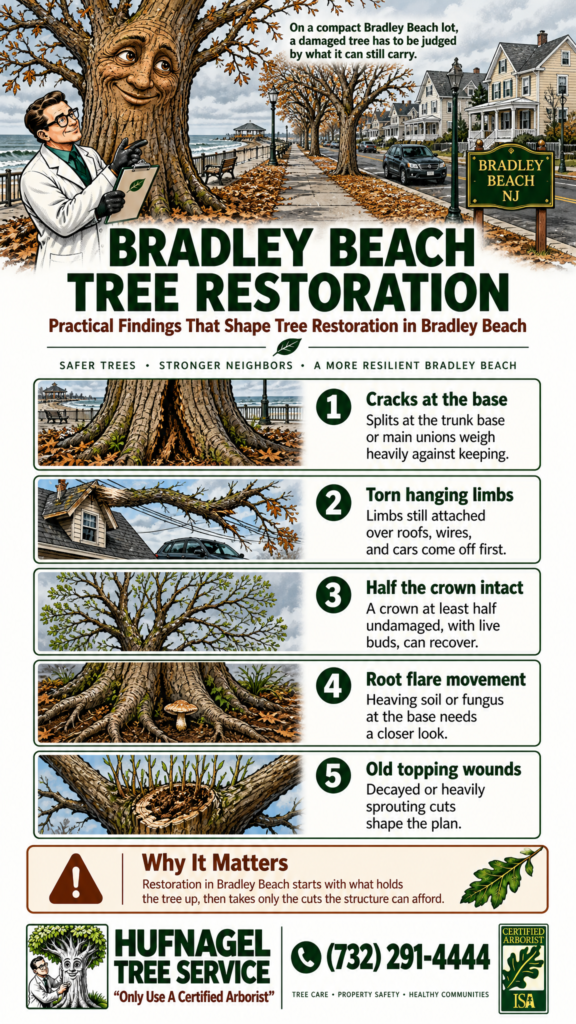 Tree restoration in Bradley Beach: five findings that decide whether a damaged tree is kept infographic