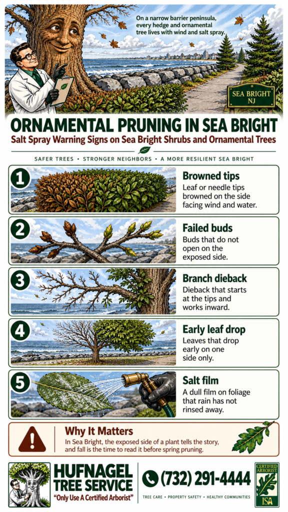 Ornamental pruning in Sea Bright: five salt spray warning signs infographic