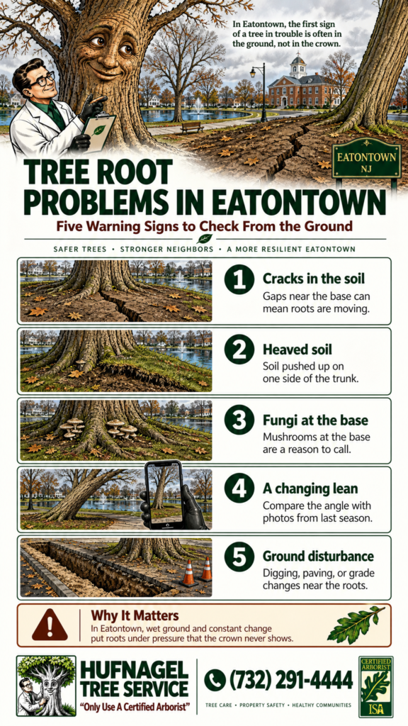 Tree root problems in Eatontown: five root warning signs to check from the ground infographic