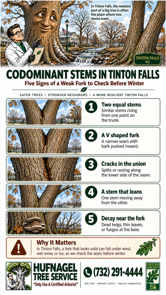 Codominant stems in Tinton Falls: five signs of a weak fork to check before winter infographic