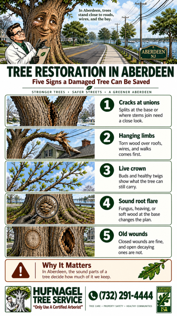 Tree restoration in Aberdeen: five signs that decide whether a damaged tree can be saved infographic