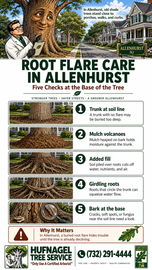 Root flare care in Allenhurst: five checks at the base of a tree infographic